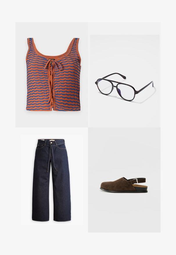 Oranžová bavlnená tielko s modrými vlnitými pruhmi, s vykrojeným výstrihom a detailom na viazanie vpredu. Hladká textúra, skrátený dizajn.; Biely top s tenkými ramienkami, vyrobený z rebrovanej bavlnenej tkaniny, s rovnou výstrihom a čistým zakončením na spodnom leme.; Široké tmavomodré denimové džínsy s vysokým pásom, so šnúrkou na sťahovanie, piatimi vreckami a kontrastným prešívaním.; Hnedé semišové slip-on topánky s nízkym opätkom, nastaviteľným remienkom so striebornou sponou a čiernou gumovou podrážkou.; Kruhové, tmavé korytnačie okuliare s priesvitnými šošovkami. Majú tenké plastové rámy a jemný detail pántu na spánkoch.