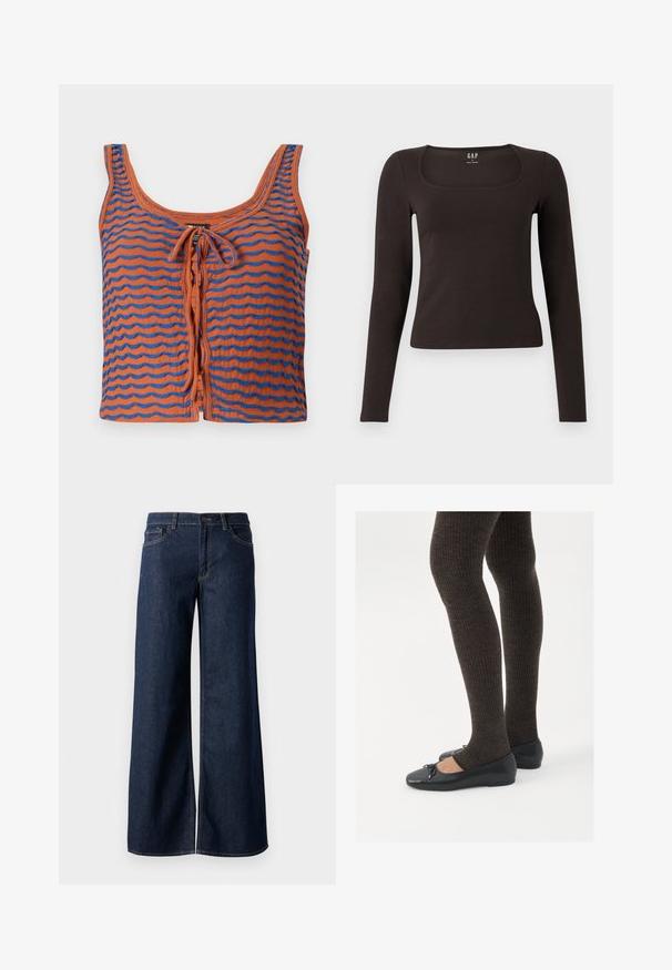 Oranssi puuvillapaita, jossa on sinisiä aaltoilevia raitoja, ominaisuutena pyöreä kaula-aukko ja nauhakiinnitys edessä. Sileä pinta, lyhyt muoto.; Musta pitkähihainen, slim fit -paita, jossa on neliömäinen kaula-aukko, merkitty GAP, esillä valkoisella taustalla.; Suorat lahkeet farkut tummansinisestä denimmistä. Ominaisuuksiin kuuluvat kontrastiväriset ompeleet, viisi taskua ja nappisuljenta vyötäröllä. Sileä pinta.; Mustat matalat kengät, joissa on pieni nauha varpaissa, yhdistettynä tummanruskeisiin ribattuisiin sukkahousuihin. Kengissä on sileä pinta ja matala profiili.