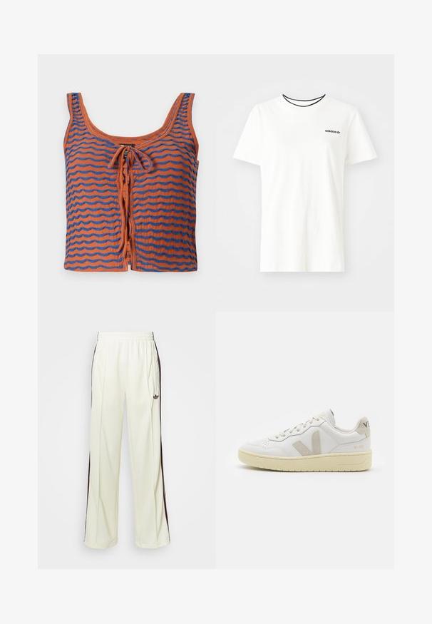 Oranges Baumwoll-Tanktop mit blauen gewellten Streifen, mit einem runden Halsausschnitt und einem Bindedetail an der Vorderseite. Glatte Textur, cropped Design.; Weißes Baumwoll-T-Shirt mit kurzen Ärmeln und rundem Halsausschnitt. Mit einem schwarzen Adidas-Logo auf der Brust und einem kontrastierenden schwarzen Innenkragen.; Cremfarbene Jogginghosen mit lockerer Passform, ausgestattet mit dunkelbraunen seitlichen Streifen und einem gestickten Logo auf dem linken Oberschenkel.; Weiße Ledersneaker mit beigen Wildlederakzenten, perforierte Zehenbox, flache Schnürsenkel und eine strukturierte cremefarbene Sohle. Mit dezentem Branding an der Ferse.