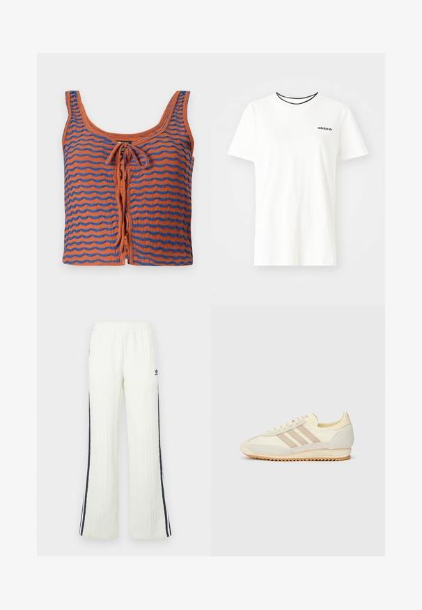 Narančasti pamučni top bez rukava s plavim valovitim prugama, s urezanim dekolteom i mašnom sprijeda. Glatka tekstura, skraćeni dizajn.; Bijela pamučna majica kratkih rukava s okruglim izrezom. Ima crni Adidas logo na prsima i kontrastnu crnu unutrašnju ovratniku.; Svijetlo kremaste pletene hlače s kabelskim uzorkom i širokim krojem. Imaju tamnoplave bočne pruge i Adidas logo na kukovima. Elastični pojas.; Kremaste atletske tenisice s tri bež pruge, od nubuk kožne i tekstilne tkanine, s teksturiranim potplatom i utisnutim brendiranjem na peti.