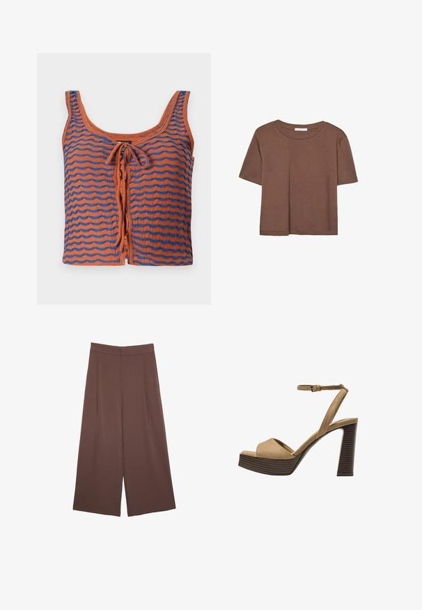 Oranžna bombažna majica brez naramnic z modrimi valovitimi črtami, ki se ponaša s krožnim izrezom in detajlom z vezanjem spredaj. Gladka tekstura, skrajšan dizajn.; Rjava kratka majica s kratkimi rokavi iz mehkega materiala, s krožnim izrezom in ohlapnim krojem. Brez vidnih vzorcev ali dodatkov.; Rjave široke hlače z gladko teksturo, ki imajo visok pas in sprednje naborke. Tkanina je lahka in prosto pada.; Bež semiš sandali na visoki peti z širokim sprednjim trakom in trakom okoli gležnja, opremljeni z debelim lesenim blokom peto z teksturirano površino.