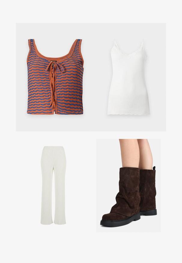 Oranžový bavlněný top na ramínka s modrými vlnitými pruhy, s kulatým výstřihem a detailem na zavazování vpředu. Hladká textura, zkrácený střih.; Bílá žebrovaná tílko s krajkovým lemem podél výstřihu do V a tenkými ramínky. Tkanina vypadá měkce a lehce.; Krémové žebrované pletené kalhoty s rozšířeným designem. Mají široký elastický pas a vertikální pruhy pro zvýšení textury.; Hnědé semišové kozačky po lýtka s černými gumovými podrážkami nošené na nahých nohách, s mírným pomačkáním na nohavicích.