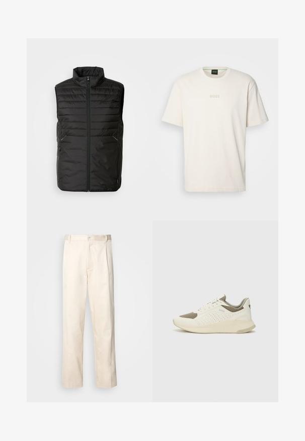 Črna podložena brezrokavnik s visokim ovratnikom, polnim zadrgo in dvema stranskima žepoma. Vključuje subtilno oznako blagovne znamke na sprednji strani.; BOSS TEE - Navadna majica - open white; Bež cottone hlače s ravnim krojem, ki imajo gumbasto zapiranje in nabore spredaj za dodatne detajle.; Beli in svetlo bež športni copat, s mrežastim zgornjim delom, perforiranimi detajli in teksturirano srednjim delom z blagovno znamko na peti.