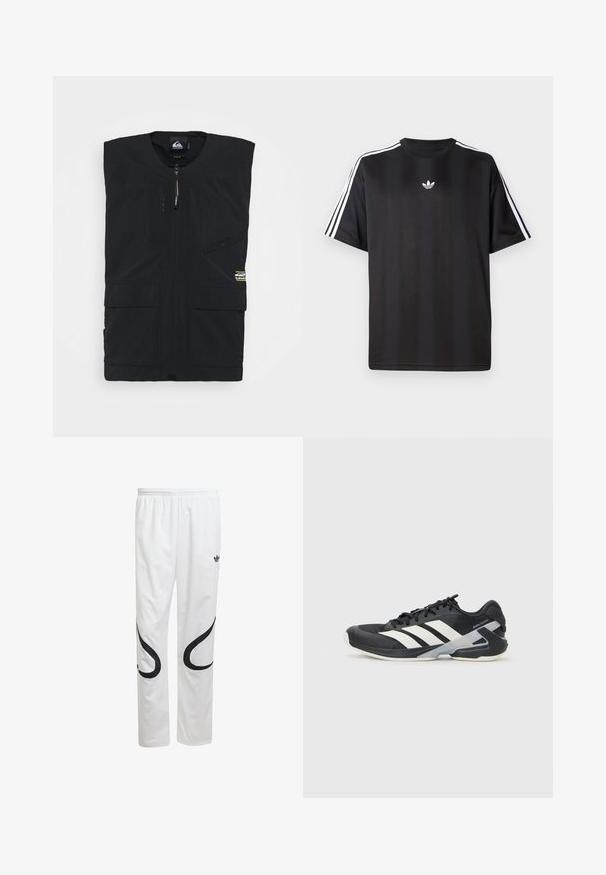 Colete preto sem mangas feito de tecido leve, com um fecho na frente, dois bolsos grandes e um detalhe de logotipo no canto inferior.; T-shirt preto de manga curta com detalhes em branco nas três listas nos ombros e um pequeno logo branco no peito. Textura do tecido suave.; Calças desportivas brancas com uma textura suave, apresentando desenhos curvos pretos nas laterais e um logótipo preto perto da cintura.; Sapata atlética preta com riscas brancas, parte superior em malha, biqueira arredondada e sola acolchoada. Apresenta um calcanhar texturizado e um sistema de atacadores seguro.