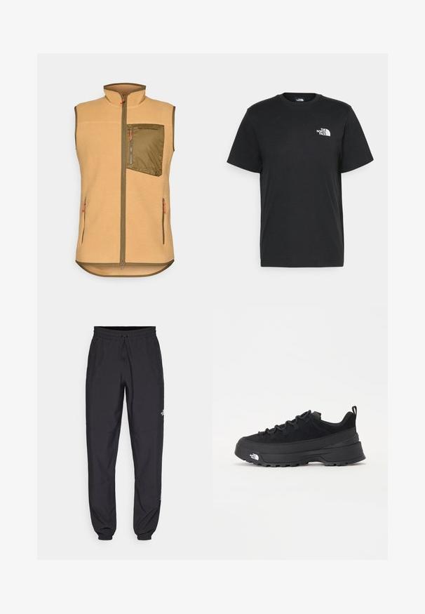 Fleeceväst i ljusbrun med en dragkedjeförsedd ficka i olivgrön på bröstet. Har två sidofickor och orange dragkedjor. Design med hög hals.; Svart bomull t-shirt med kort ärm, rund halsringning och en liten vit logga på vänster bröst. Enkelt design, mjuk textur och avslappnad passform.; Svarta träningsbyxor tillverkade av lättviktsmaterial, med dragsko i midjan, sidofickor och avsmalnande muddar vid anklarna.; Svart utomhussko med ovandel i mocka, texturerad gummisula och robust snörningssystem. Har en förstärkt häl och varumärkeslogotyp på sidan.