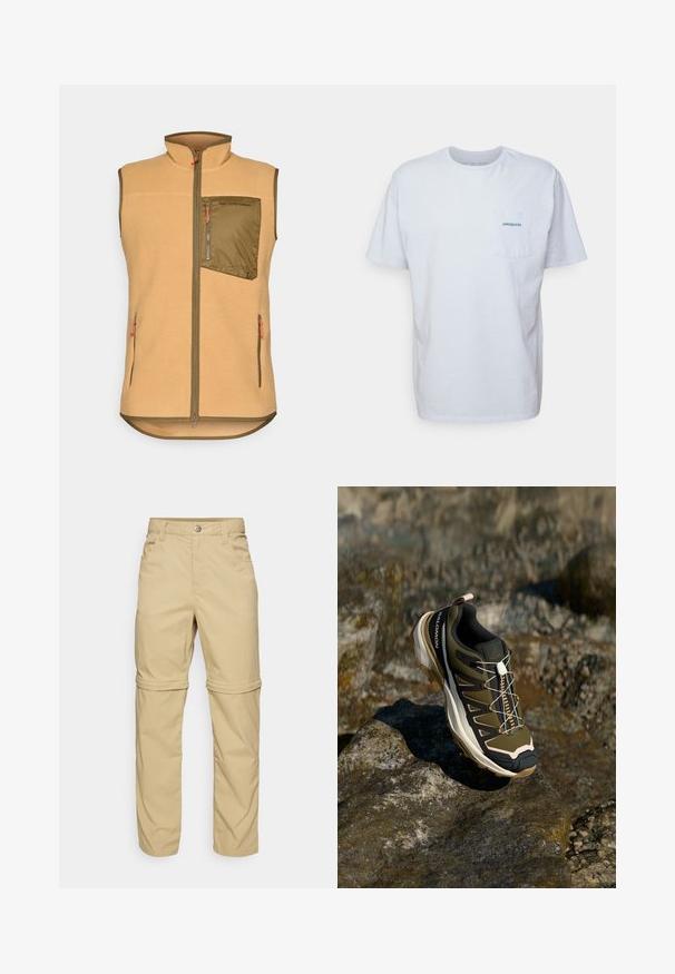 Fleece-Weste in Hellbraun mit einer olivgrünen Brusttasche mit Reißverschluss. Verfügt über zwei Seitentaschen und orangefarbene Reißverschlussanhänger. Design mit Stehkragen.; Weißes Baumwoll-T-Shirt mit kurzen Ärmeln, Rundhalsausschnitt und einer linken Brusttasche, die ein blaues "Patagonia"-Logo aufweist. Klassische Passform mit glatter Textur.; Beige Zip-off-Hosen mit glatter Textur, ausgestattet mit zwei Seitentaschen, einer Knopfverschluss und hochrollbaren Säumen für Vielseitigkeit.; Wanderschuh in Olivgrün und Schwarz mit pinken Akzenten. Verfügt über ein strukturiertes Obermaterial, eine flexible Sohle, eine verstärkte Zehenkappe und ein farbenfrohes Schnürsystem.