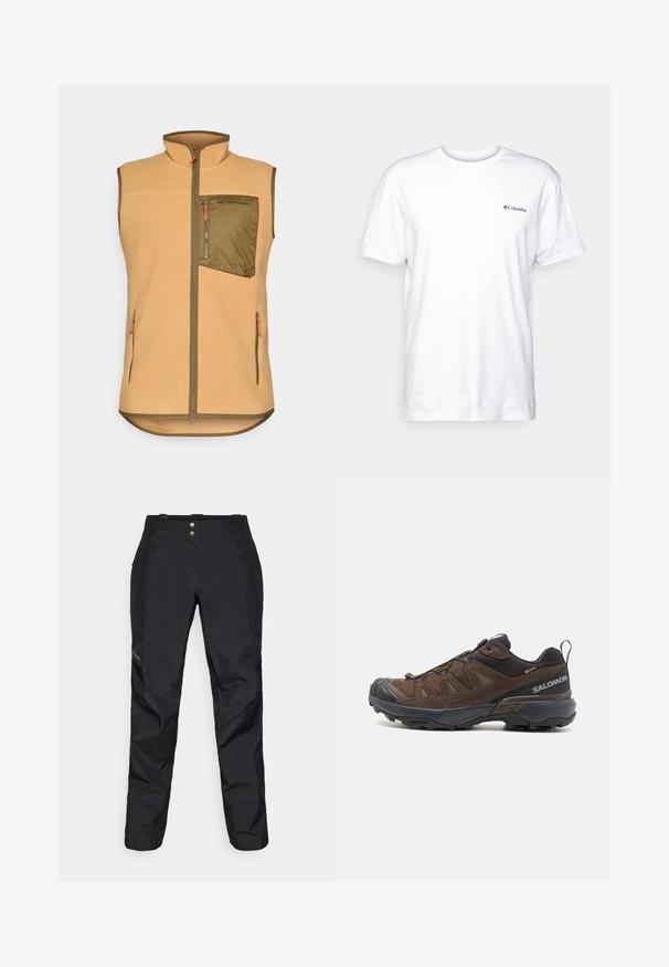 Colete em fleece de tom claro com um bolso no peito em verde oliva com fecho. Apresenta dois bolsos laterais e punhos de fecho laranja. Design de gola alta.; T-shirt branca de algodão com mangas curtas, gola redonda e um pequeno logotipo preto da Columbia no lado esquerdo do peito. Design suave e simples.; Calças impermeáveis pretas com uma textura suave, apresentando dois botões na frente e um design de perna ajustada. Decoradas com um logotipo de lado.; Shoe de caminhadas castanho com parte superior em malha e camurça, acentos pretos, sola texturizada e sistema de cordões elásticos para um ajuste seguro. Apresenta o logótipo na lateral.