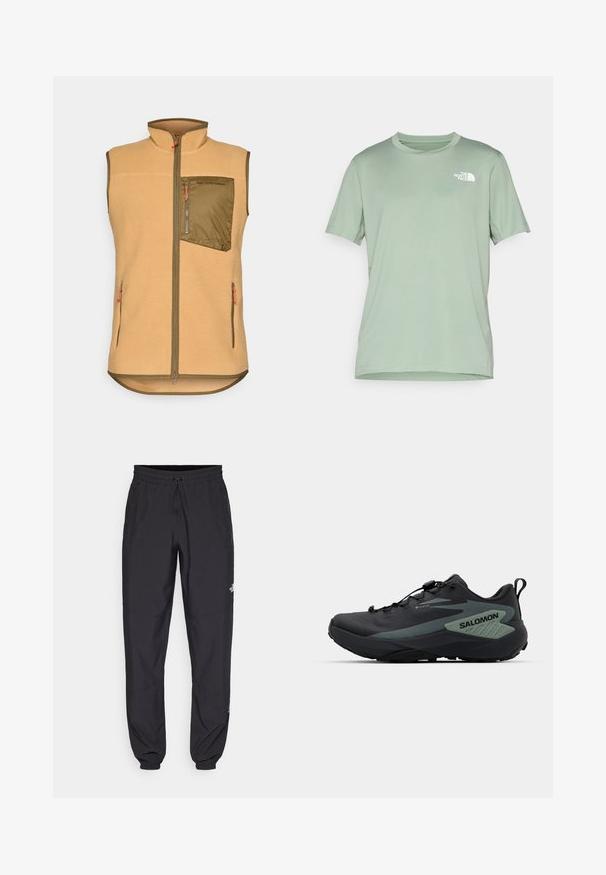 Colete em fleece de tom claro com um bolso no peito em verde oliva com fecho. Apresenta dois bolsos laterais e punhos de fecho laranja. Design de gola alta.; T-shirt de manga curta verde claro, feito de um tecido suave; apresenta um logótipo branco no lado superior esquerdo; decote redondo.; Calças atléticas pretas feitas de tecido leve, com um cós ajustável por cordão, bolsos laterais e punhos afunilados nos tornozelos.; Shoe de corrida preta com um upper sintético, design texturizado, acentos cinzentos e uma sola de borracha com um padrão de piso detalhado.