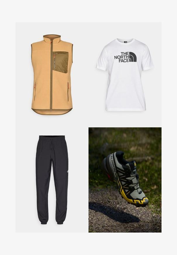 Fleece-Weste in Hellbraun mit einer olivgrünen Brusttasche mit Reißverschluss. Verfügt über zwei Seitentaschen und orangefarbene Reißverschlussanhänger. Design mit Stehkragen.; Weißes Baumwoll-T-Shirt mit einem schwarzen Grafikdruck, der Text und ein geschwungenes Logodesign zeigt. Runder Halsausschnitt und kurze Ärmel. Schlichte Textur.; Schwarze Sporthosen aus leichtem Stoff, mit einem Kordelzugbund, seitlichen Taschen und schmal zulaufenden Bündchen an den Knöcheln.; Salomon Trailrunning-Schuh in gedecktem Grau mit leuchtend gelben Akzenten. Verfügt über eine strukturierte Sohle, ein sicheres Schnürsystem und einen gepolsterten Kragen.