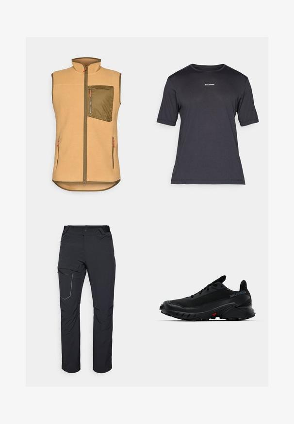 Colete em fleece de tom claro com um bolso no peito em verde oliva com fecho. Apresenta dois bolsos laterais e punhos de fecho laranja. Design de gola alta.; T-shirt de desempenho preta de manga curta, feita de tecido respirável, com decote redondo e pequeno logótipo branco "SALOMON" no peito.; Calças de exterior pretas com um bolso com fecho na coxa, cintura elástica e tecido liso e resistente à água. Design limpo, sem logótipos visíveis.; Tênis esportivos pretos com um cabedal texturizado, bico arredondado e solado de borracha proeminente. Apresenta um logotipo na lateral e detalhes vermelhos na sola.