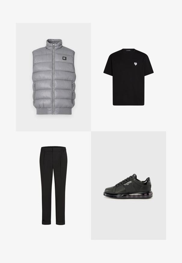 Szürke pufi mellény magas gallérral, elöl cipzárral és két oldalsó cipzáras zsebbel. Simogató, fényes anyagból készült; bordázott szegéllyel.; Fekete pamut póló rövid ujjú, kerek nyakkivágással és egy kis fehér szív grafikával a bal mellkas részen.; Fekete nadrág, elasztikus derékpánttal, egyenes szárú kivitelben és felhajtott szárakkal. Simább, szőtt anyagból készült, minták nélkül.; Fekete sportcipő sima bőr felsőrésszel, kerek orral és fűzős dizájnnal. Átlátszó, párnázott talppal rendelkezik, sötét árnyalatú átmenettel.