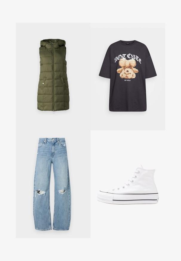 Podložena jopica v olivno zeleni barvi s kapuco, s sprednjim zadrgo, dvema stranskima žepoma s pokrovom na gumb in prešito teksturo.; Črna oversized majica s kratkimi rokavi, na kateri je grafika medveda z besedilom „NI SRČKAN VKLJUČNO Z DIVJIM“ v poudarjenem belem tisku. Material: bombaž.; Svijetloplave traperice visoki struk. Imaju široke nogavice, dva poderana područja na koljenima i klasičan petotoksi stil.; Beli visoki platneni športni čevelj z črnim gumijastim podplatom, sprednjim gumijastim zaščitnikom za prste in šestimi luknjicami za vezalke, ki se ponaša s preprostim, minimalističnim dizajnom.