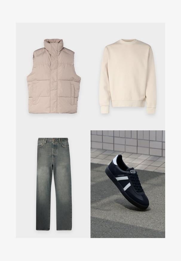 Beige pufferveszta magas nyakkal, ujjtalan dizájnnal, elöl cipzárral és két zsebből álló betét zsebekkel. Sima, tűzött textúra.; Beige pulóver laza fitben, kerek nyakkal, hosszú ujjakkal, bordázott mandzsettával és szegéllyel. Simaszerkezet, minimális díszítéssel.; Jack & Jones JJIALEX JJCOOPER - Túlméretezett farmernadrág - black denim; Fekete bőr sportcipő fehér csíkokkal, textúrált gumitalppal és fűzős elejével. A nyelvén márkás címke található.