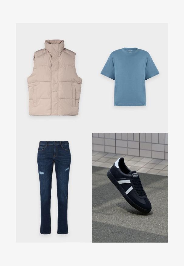 Beige puffer vest kõrge kaelusega, ilma varrukateta disain, ees lukuga sulgemine ja kaks klapptaskut. Sile, tikitud tekstuur.; Sinine lühikeste varrukatega t-särk, valmistatud puuvillast, ümarate kaelustega ja lõdva istuvusega. Sile tekstuur, minimalistlik disain, ilma mustrite või aktsentideta.; Tumedas sinises denimist teksad sirge lõikega, millel on reie juures kulunud augud, traditsioonilised taskud ja nähtavad vastandvärvi õmblused.; Must have musta sneaker musta valgete triipudega, tekstuurne kummitald ja nööridega esiosa. Omab bränditud märki keele peal.