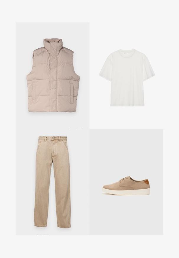 Beige puffer vest kõrge kaelusega, ilma varrukateta disain, ees lukuga sulgemine ja kaks klapptaskut. Sile, tikitud tekstuur.; Valge puuvillane t-särk lühikeste varrukatega, ümar kaelus ja kontrastse õmbluse detail kaeluse ning varrukate ümber.; Bežidemini teksased sirgjoonise kujundusega, front pocket'itega, metallist nööbi kinnitusega ja peene tekstuuriga.; Beežid nahast tossud ümarate varvastega, paeltega esiosa ja tekstuuriga tagakontuuriga. Valge kummist tallapakkumine loob kontrasti. Lihtne ja kaasaegne disain.