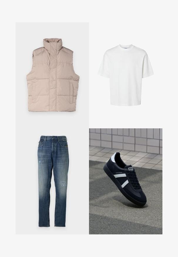 Chaleco acolchado beige con cuello alto, diseño sin mangas, cierre frontal con cremallera y dos bolsillos de parche. Textura suave y acolchada.; Camiseta blanca de algodón con mangas cortas, escote redondo y un corte relajado. Textura suave sin patrones o acentos visibles.; Jeans de mezclilla en un color azul deslavado, con un diseño de pierna recta, un desgaste moderado en la parte delantera y un estilo clásico de cinco bolsillos.; Zapatilla de cuero negra con rayas blancas, suela de goma texturizada y parte frontal con cordones. Cuenta con una etiqueta de marca en la lengüeta.