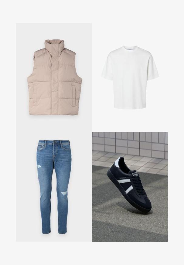 Bežinis pūkinis liemenė su aukštu kaklu, be rankovių dizainu, priekyje užtrauktuku ir dviem kišenėmis. Lygus, siūtas tekstūra.; Balta medvilninė marškinė su trumpomis rankovėmis, apvaliu iškirpimu ir laisvu siluetu. Lygus paviršius be matomų raštų ar akcentų.; Išblukę mėlyni džinsai su siauru siluetu, turintys pažeistas vietas ant kelių, mygtuko uždarymą ir penkių kišenių dizainą.; Juodas odinis sportinis batelis su baltais dryžiais, tekstūruota gumine padais ir raišteliais priekyje. Yra prekės ženklą žymintis etiketė ant liežuvio.