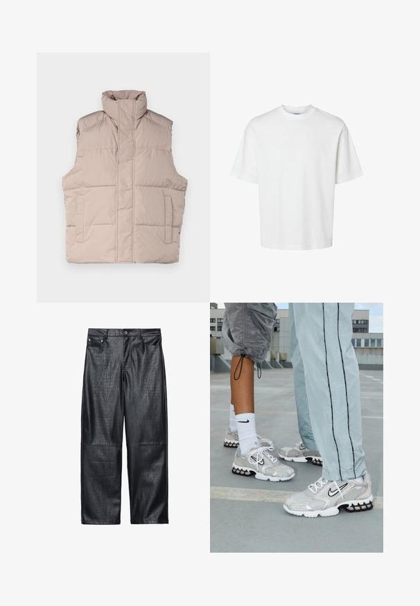 Beige Puffer-Weste mit hohem Kragen, ärmellosem Design, frontaler Reißverschluss und zwei aufgesetzten Taschen. Glatte, gestepptes Textur.; Weißes Baumwoll-T-Shirt mit kurzen Ärmeln, Rundhalsausschnitt und lässigem Schnitt. Glatte Textur ohne sichtbare Muster oder Akzente.; Schwarze, taillierte weit geschnittene Lederhosen aus Kunstleder mit Krokodilmuster, traditionellem Fünf-Taschen-Design sowie Details aus silberfarbenem Knopf und Nieten.; Nike Sportschuhe aus silbernem Mesh-Material, mit weißen Schnürsenkeln, einem schwarzen Swoosh-Logo und einer schwarzen und roten Luftdämpfungsohle.