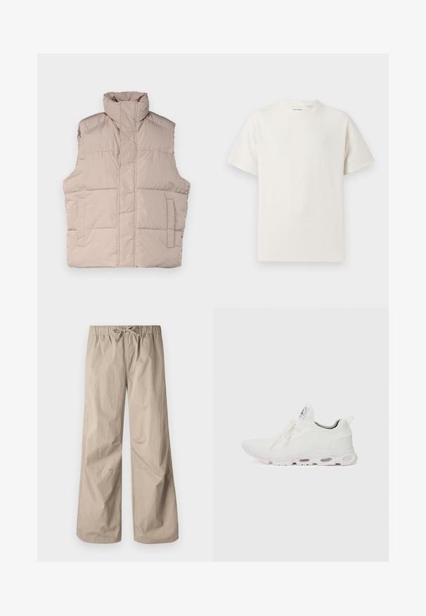 Gilet matelassé beige avec col montant, design sans manches, fermeture éclair sur le devant et deux poches à rabat. Texture lisse et matelassée.; T-shirt blanc à manches courtes en texture côtelée. Encolure ronde, coupe décontractée, sans motifs ni accents visibles. Design simple et polyvalent.; Pantalons beiges à jambes larges avec une taille élastique et un cordon de serrage. Texture lisse, deux poches latérales et coutures minimales pour un ajustement décontracté.; Baskets blanches de sport avec un dessus en maille texturée, des lacets plats et une semelle rembourrée avec des chambres à air visibles pour un soutien supplémentaire.