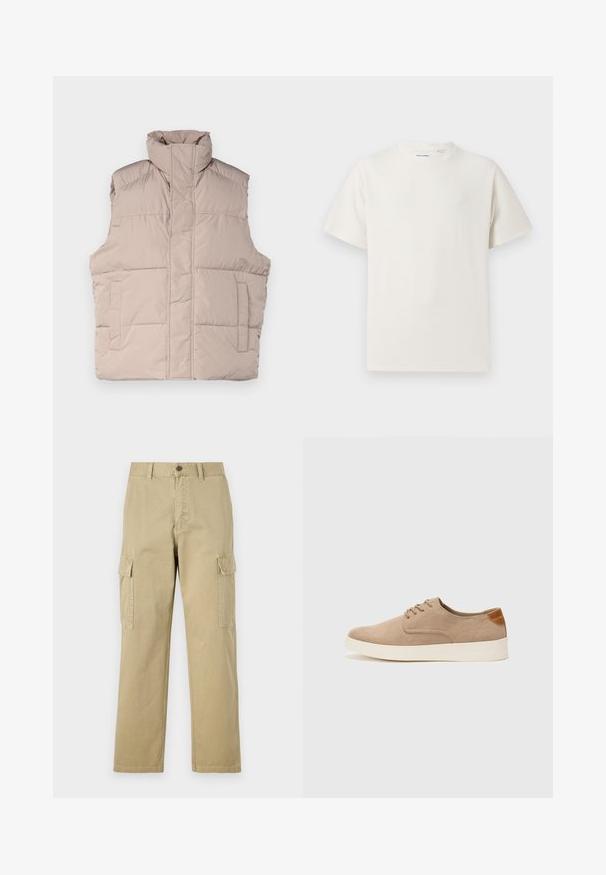 Beżowa kamizelka puchowa z wysokim kołnierzem, bez rękawów, z zapięciem na zamek błyskawiczny z przodu oraz dwiema kieszeniami naszytymi. Gładka, pikowana faktura.; Biała krótka koszulka z krótkim rękawem o żebrowanej fakturze. Okrągły dekolt, luźny krój, brak widocznych wzorów lub akcentów. Prosty i uniwersalny design.; Beżowe spodnie cargo wykonane z bawełny, z dwoma bocznymi kieszeniami, z zapięciem na guzik oraz prostymi nogawkami z lekko teksturowanej tkaniny.; Beżowe zamszowe sneakersy z okrągłym noskiem, sznurowanym przodem i teksturowanym akcentem na tyle. Biała gumowa podeszwa tworzy kontrast. Prosty i nowoczesny design.