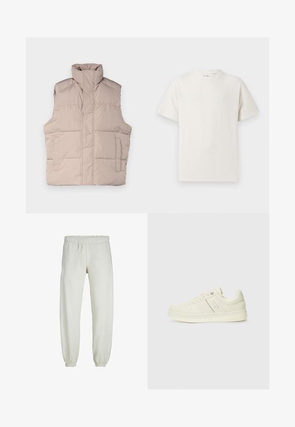 Beige puffer vest med høj krave, ærmeløs design, lynlåslukning foran og to påsyede lommer. Glat, quiltet tekstur.; Hvid kortærmet T-shirt i ribbet tekstur. Rund halsudskæring, løs pasform, ingen synlige mønstre eller accenter. Enkel og alsidig design.; Hvide sweatpants lavet af blødt stof, med elastisk talje og håndled, der har en glat tekstur og løs pasform.; Cremefarvet sneaker med perforeret detaljering, snørebånd og logo på siden, præsenteret mod en simpel hvid baggrund.