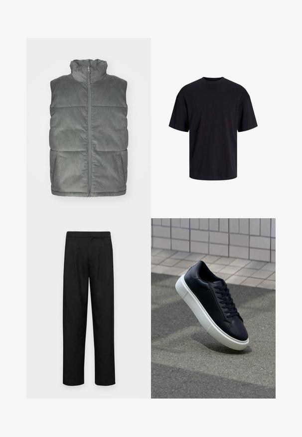 Pilkas kadro pufas su aukštu apykakle, priekiniais užtrauktukais ir dviem šoninėmis kišenėmis; turi vertikaliai ribiuotą tekstūrą ir paminkštintą dizainą.; Juodas medvilninis marškinėlis su apvaliu iškirpimu, trumpomis rankovėmis ir laisvu siluetu. Glotni tekstūra, be matomų raštų ar akcentų.; Juodi kelnių modeliai, pagaminti iš lygios medžiagos, turi tiesią kojas, du priekiniai klostės ir standartinę juosmenį su diržo kilpomis.; Juodas odinis sportbačius su apvaliu pirštu ir baltu gumuotu padu. Turi plokščias raišteles ir minimalų siuvimą viršuje. Padangos tekstūra užtikrina sukibimą.