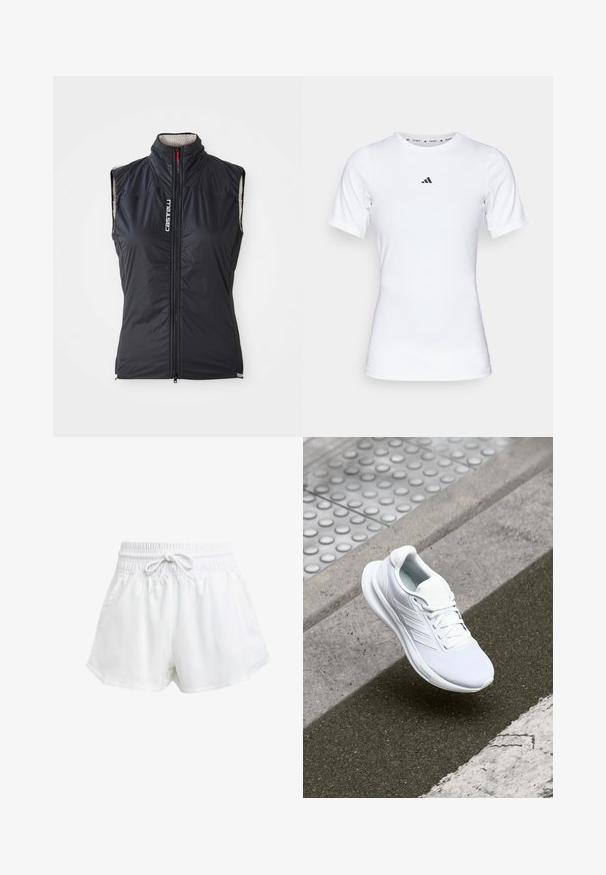 Vest negru fără mâneci, cu fermoar și guler înalt, căptușit cu fleece alb, având logo-ul vertical "Castelli" pe partea stângă a pieptului.; Cămașă sport albă cu mâneci scurte, realizată dintr-un material neted și elastic. Prezintă un mic logo Adidas negru pe piept.; Shorts albi sportivi cu talie elastică și șnur ajustabil. Fabricate dintr-un material ușor, cu buzunare laterale și o croială largă.; Pantofii sport albi au un material superior din plasă, design cu șireturi și o talpă texturată. Detalii discrete de branding și o construcție fără cusături sunt vizibile.