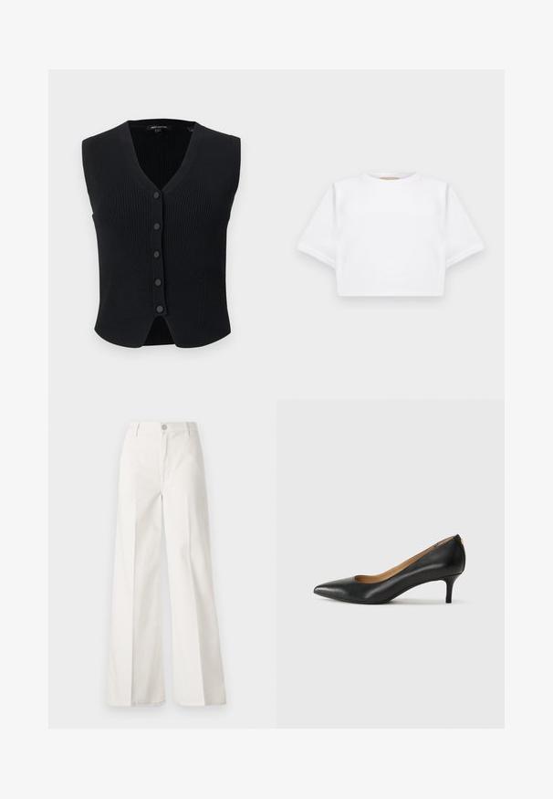 Black ribbed sleeveless cardigan with V-neck and five front buttons, slightly curved hem, and slim fit design.; Cropped white t-shirt made of soft fabric, featuring short sleeves, a round neckline, and ribbed hem details. Simple and unembellished design.; White wide-leg trousers made from cotton with a smooth texture. Features a front button, zipper fly, and four-pocket design.; Black leather pump with a pointed toe, low heel, and a smooth texture. Features a slight opening at the front and minimal hardware at the back.
