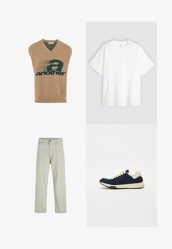 Bež brezrokavnik z V-izrezom, ki ima temno zeleno grafiko in besedilo "drugo" v krepki pisavi, izdelan iz mehkega pletenega materiala.; Bela kratka majica s kratkimi rokavi iz bombaža s krožnim izrezom. Ima diskretno embosirano logotipno podrobnost spredaj in rdečo etiketo na robu.; Svetlo bež kavbojke s ravnim krojem, petimi žepi in zapiranjem na gumb pri pasu, ki vključujejo minimalne šivane detajle.; Temno modra teniska z teksturiranim zeko usnjem, kremnimi vezalkami in bež podplatom. Ima klasičen športni dizajn in gumijast podplat.