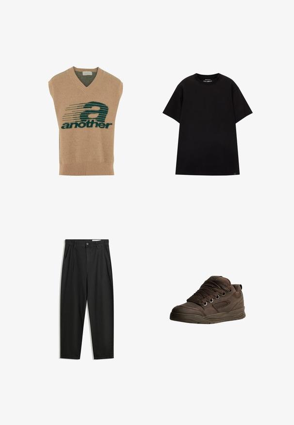 Bež bezrukavni pulover s V-izrezom, s tamnozelenim grafičkim dizajnom i natpisom "another" u debelom tkanju, od mekog pletenog materijala.; PULL&BEAR JOIN LIFE - Osnovna majica kratkih rukava - black; Crne pamučne hlače s opuštenim krojem, s klasičnim pojasom, prednjim nabranjima i bočnim džepovima. Glatka tekstura bez uzoraka.; Smeđe atletske cipele napravljene od glatkog sintetičkog materijala. Imaju debele vezice, mrežaste naglašene dijelove, podstavljeni ovratnik i teksturiranu gumenu sredinu.