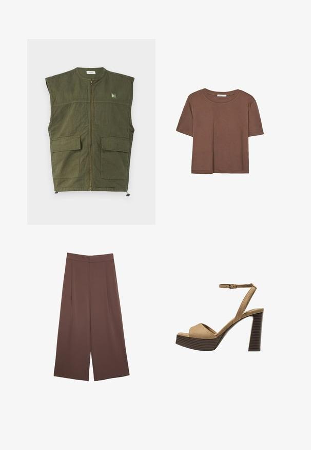 American Vintage RYGYBAY - Väst - kaki; Brun kortärmad t-shirt i mjukt tyg, med rund halsringning och avslappnad passform. Inga synliga mönster eller detaljer.; Bruna vida byxor med en slät textur, som har hög midja och framfickor. Tyget är lätt och flödar löst.; Beiga suède högklackade sandaler med ett brett framrem och ankelsrem, med en kraftig träblockklack med en strukturerad yta.