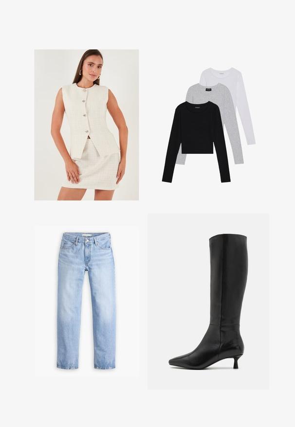Witte tweed twee-delige outfit met een mouwloze blazer met vijf zilveren knopen en een aansluitende minirok. Soepele textuur en modern ontwerp.; Drie langmouwige tops gestapeld: zwart, grijs en wit. Elke top heeft een ronde halslijn en een cropped ontwerp van soepel, lichtgewicht materiaal.; Lichtblauwe denim jeans met een rechte pijp, vijf zakken en een middelhoge taille. Heeft een vervaagde textuur en een gestikte zoom.; Zign Laarzen - black
