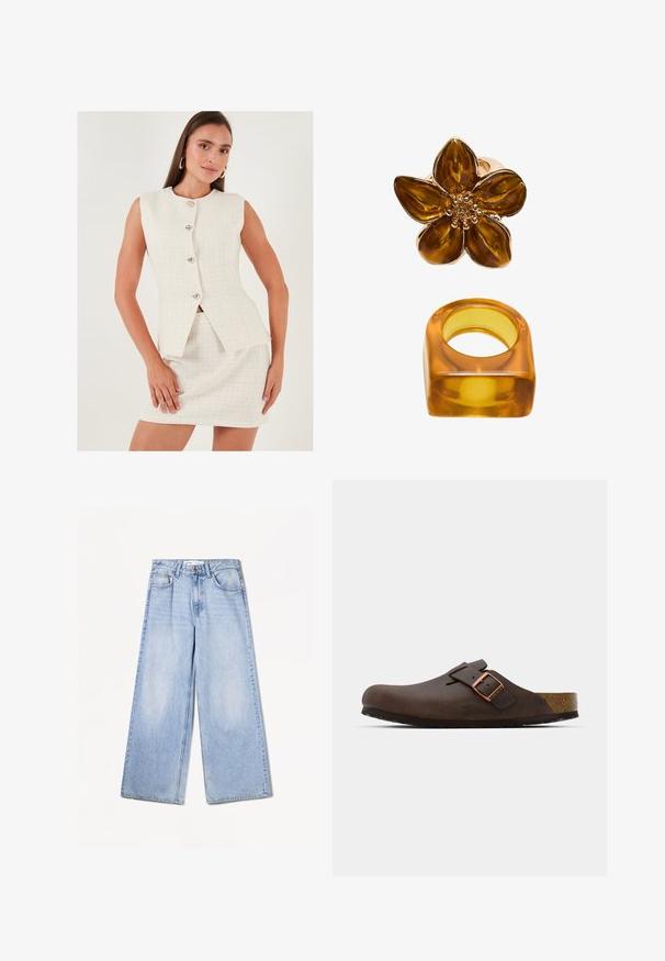 Hvid tweed to-dels sæt med en ærmeløs blazer, der har fem sølvknapper og en tætsiddende miniskirt. Glat tekstur og moderne design.; Hvid kortærmet t-shirt lavet af bomuld. Har en rund halsudskæring og en afslappet pasform. Glat tekstur uden synlige mønstre eller detaljer.; Bershka WIDE-LEG - Wide leg - light-blue denim; Brun læderklump med en bred rem og en kobberlås, der har en tekstureret korksål og en tyk sort gummisål.; Amberfarvet blomsteringe med en glat overflade og en rund midte, sammen med et matchende firkantet amberbånd.