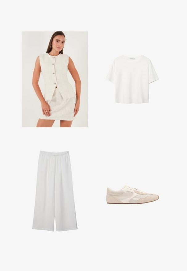 Hvid tweed to-dels sæt med en ærmeløs blazer, der har fem sølvknapper og en tætsiddende miniskirt. Glat tekstur og moderne design.; Hvid kortærmet t-shirt lavet af bomuld. Har en rund halsudskæring og en afslappet pasform. Glat tekstur uden synlige mønstre eller detaljer.; Hvide vidde bukser lavet af letvægtsstof, med en elastisk talje og snøre for justerbar pasform. Glat tekstur.; Beige atletisk sko med en kombination af net- og ruskindsmaterialer, rund tå og snørebånd. Teksturerede detaljer på overdelen forbedrer grebet.
