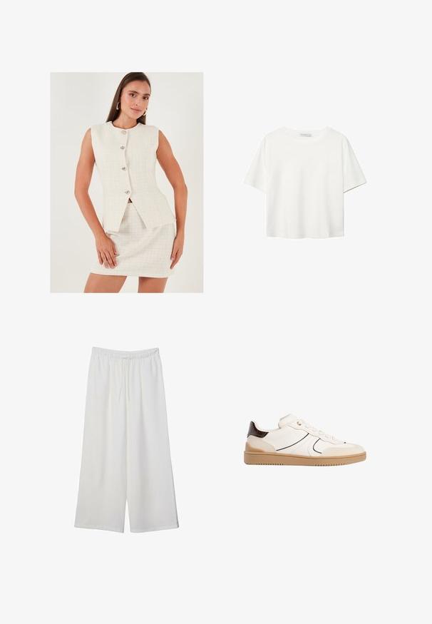 Biely tweedový dvojdielny outfit s bezrukávou blézerom, ktorý má päť strieborných gombíkov, a priliehavou mini sukňou. Hladká textúra a moderný dizajn.; Biela krátkopsová tričko vyrobené z bavlny. Má okrúhly výstrih a voľný strih. Hladká textúra bez viditeľných vzorov alebo akcentov.; Biele široké nohavice z ľahkého materiálu s elastickým pásom a šnúrkou na nastavenie veľkosti. Hladká textúra.; Stradivarius Tenisky - white