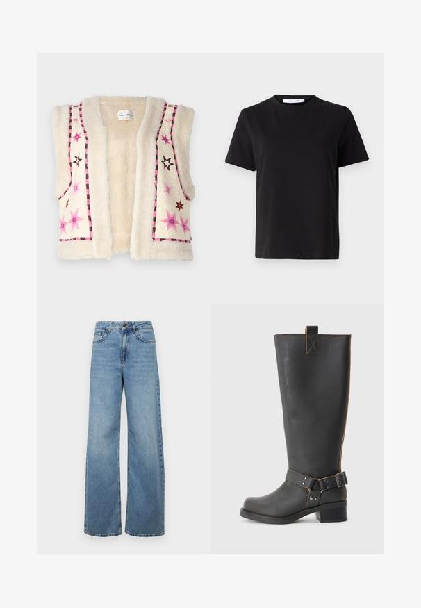 Faux fur vest in cream color, featuring pink and brown star embroidery and a checkered trim along the edges and neckline.; Black short-sleeve t-shirt made of soft cotton, featuring a round neckline, relaxed fit, and a smooth texture. No visible patterns or graphics.; Light blue wide-leg jeans made of denim, featuring a high waist, front pockets, and a classic five-pocket design, with subtle fading.; Black leather knee-high boot with a textured finish, featuring a side buckle accent and a low heel. Detailed stitching along the seams.