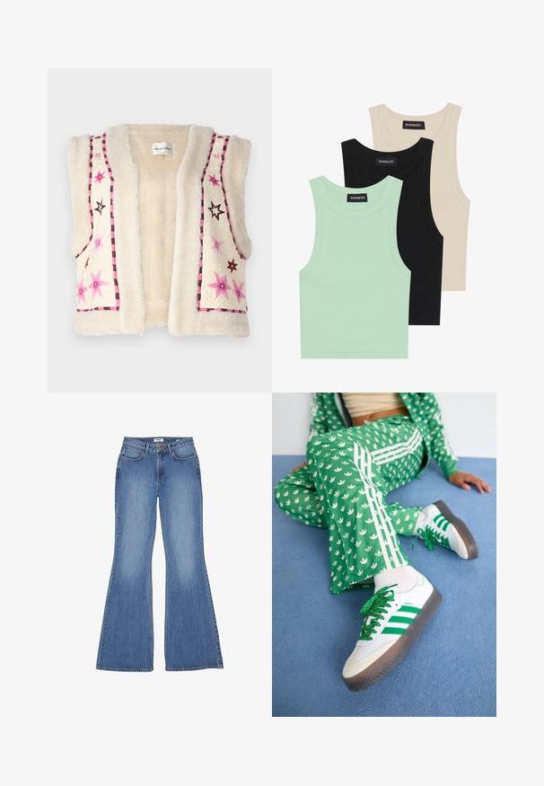 Kreemivärviline vale-samettvest, millel on roosa ja pruuni tähe tikand ning ruuduline ääristus servadel ja kaeluses.; Kolm t-särki mentool verdes, mustas ja beežis; ribakangast, ümmarguse kaelusega ja ilma varrukateta. Brändi silt on nähtav.; Laienevate siniste denim pükste kõrge talje, viis taskut ja kontrastsed õmblused; sile tekstuur ja klassikaline pesu.; Roheline mustriga sportlik komplekt valgete lillemotiivide ja valgete triipudega, mille juurde kuuluvad valged spordijalatsid roheliste triipude ja sädeleva paelaga.