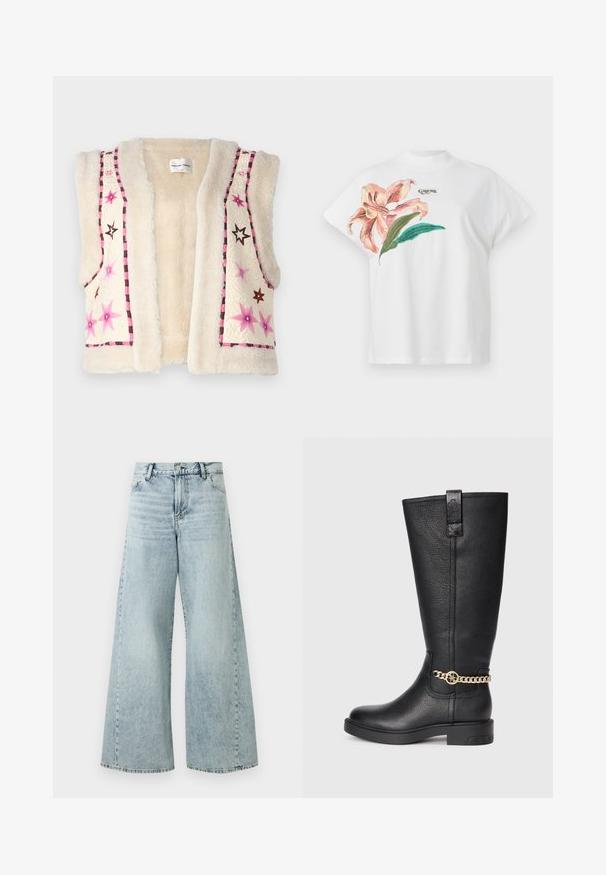 Gilet in pelliccia sintetica di colore crema, con ricami di stelle rosa e marroni e un bordo a scacchi lungo i bordi e il colletto.; T-shirt bianca in cotone con maniche corte, caratterizzata da un motivo floreale rosa e foglie verdi sul lato sinistro. Logo "Guess" in grigio sopra il motivo.; Jeans in denim azzurro chiaro a gamba larga con vita alta, dotati di chiusura a bottone, cinque tasche e dettagli con orlo sfilacciato.; Stivale nero in pelle, alto fino al ginocchio, con una finitura texturizzata, caratterizzato da un'accento decorativo in catena dorata e una suola in gomma piatta.