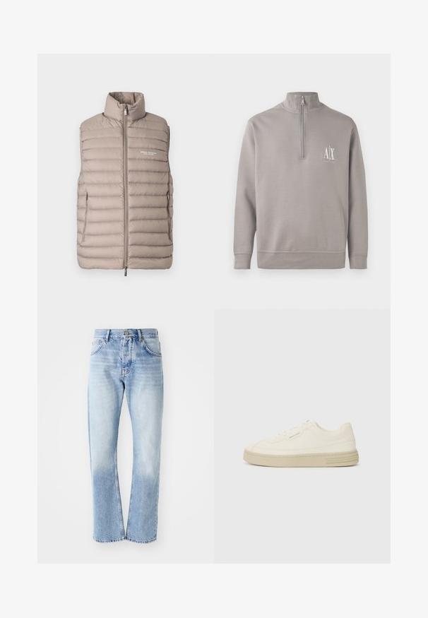Svijetlosmeđi podstavljen prsluk bez rukava s visokim ovratnikom, prednjim patentnim zatvaračem, bočnim džepovima i logom „Armani Exchange Milano/New York“ na prsima.; Svijetlosivi pulover s četvrtim zatvaračem izrađen od mekog materijala, s malim bijelim logotipom na prsima i elastičnim manžetama i rubom.; Svijetloplave traperice ravnog kroja. Imaju dizajn s pet džepova, dugmasti patent zatvarač i izblijedjelu teksturu prema dnu.; Bijele platnene tenisice s teksturiranom gumenom potplatom, s ušivenim vrhom i logom na peti. Jednostavan model za vezanje.