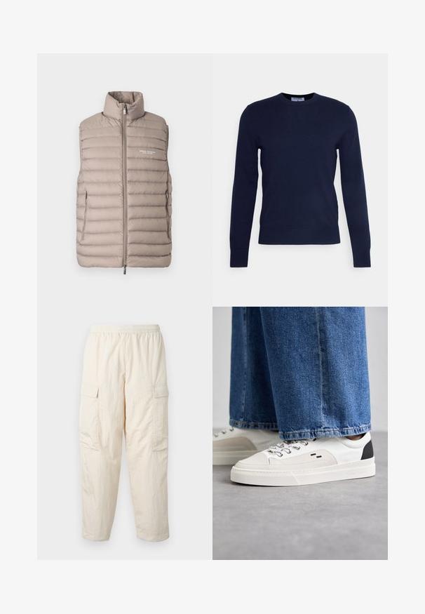 Světlý béžový prošívaný bezrukávový vest s vysokým límcem, předním zipem, bočními kapsami a logem "Armani Exchange Milano/New York" na prsou.; Námorně modrý svetr s výstřihem do kulata vyrobený z měkké tkaniny, má dlouhé rukávy a žebrovaný lem. Žádné viditelné vzory ani ozdoby.; Béžové cargo kalhoty s elastickým pasem, obsahující dvě boční kapsy a měkkou, lehkou látku. Zmačkaná textura.; Bílé a černé tenisky s hladkým koženým svrškem, texturovanými akcenty a robustní bílou podešví. Mají klasický design se šněrováním.
