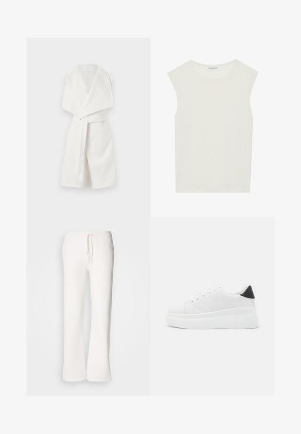 Hvit ermeløs omslagfrakk med klaffekrage, bindebelt og myk tekstur, med et rent design og uten synlig hardware.; Hvit ermeløs topp med rund hals. Laget av glatt stoff, har den en avslappet passform og minimalistisk design. Ingen mønstre eller detaljer.; Hvite, avslappede joggebukser laget av myk stoff, med elastisk liv med snor og rett ben-design.; Hvite plattform sneakers laget av glatt syntetisk materiale, med rund tå, snøring og en strukturert gummisåle. Svart hæl akcent.