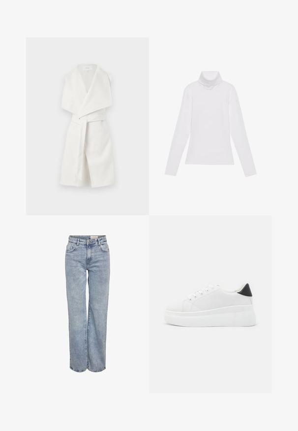 Bela brezrokavna ovijajoča plašča z izrezanim reverjem, pasom na zavezovanje in mehkobo, ki se ponaša s čistim dizajnom in brez vidnih kovinskih delov.; Bela dolga majica s turtleneck ovratnikom, izdelana iz gladke, raztegljive tkanine. Ima visok ovratnik in prilega telesu, brez vidnih vzorcev ali okrasitev.; Svjetloplave široke traperice od denima, sa visokim strukom, dizajnom s pet džepova i suptilnim blijeđenjem za izgled nakon nošenja.; Bele platform tenisice izdelane iz gladkega sintetičnega materiala, z zaobljenim prstom, sistemom vezalk in teksturiranim gumijastim podplatom. Črn dodatek na peti.