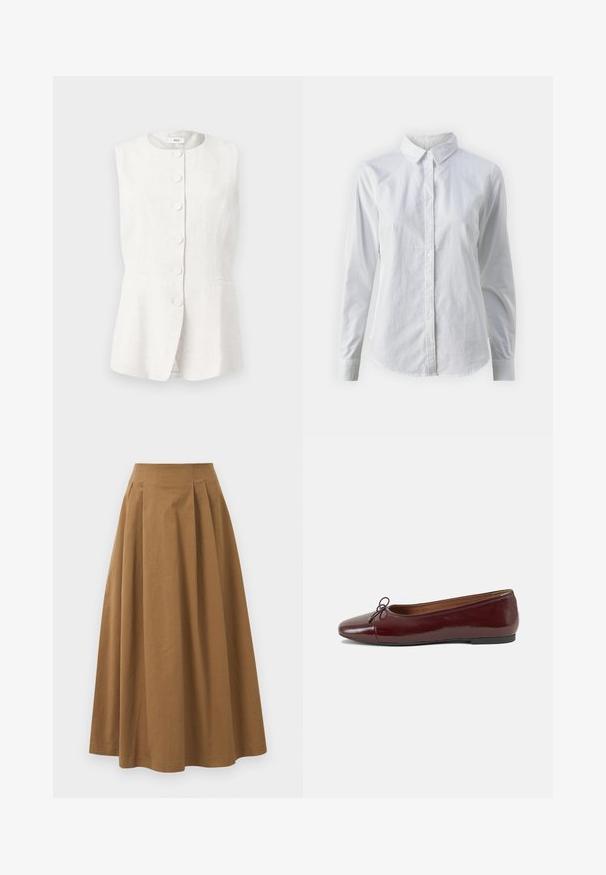 Mouwloze, lichte linnen vest in gebroken wit met een ronde halslijn, vijf knopen aan de voorkant en twee zijzakken. TAILORED fit met een uitlopende zoom.; Witte overhemd met knopen van glad katoen, met een klassieke kraag, lange mouwen en een afgeronde zoom. De knopen zijn klein en wit.; Bruine katoen A-lijn rok met een hoge taille, voorzien van plooien aan de voorkant en een gladde textuur. De zoomafwerking is schoon en eenvoudig.; Bordeaux gepatenteerd lederen ballerina met een ronde neus, een klein strikaccent aan de voorkant en een lage, zwarte rubberen zool. Glad textuur.
