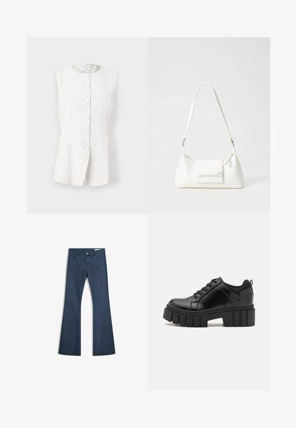 Sleeveless, light linen vest in off-white with a round neckline, five button front closure, and two side pockets. Tailored fit with a flared hem.; White t-shirt with black text promoting a music event, featuring "Exclusive Access," "Rock Indie Concerts," and "Superstar Music Experience."; Dark blue flared denim jeans with stitched pockets, a button closure, and a smooth texture. Features a classic five-pocket design.; Black leather platform shoes with a chunky block heel, round toe, and traditional lace-up design. Features smooth texture and minimal detailing.; White synthetic handbag with a triangular shape, flat front flap and bow detail, adjustable strap, smooth texture, and minimalistic design.