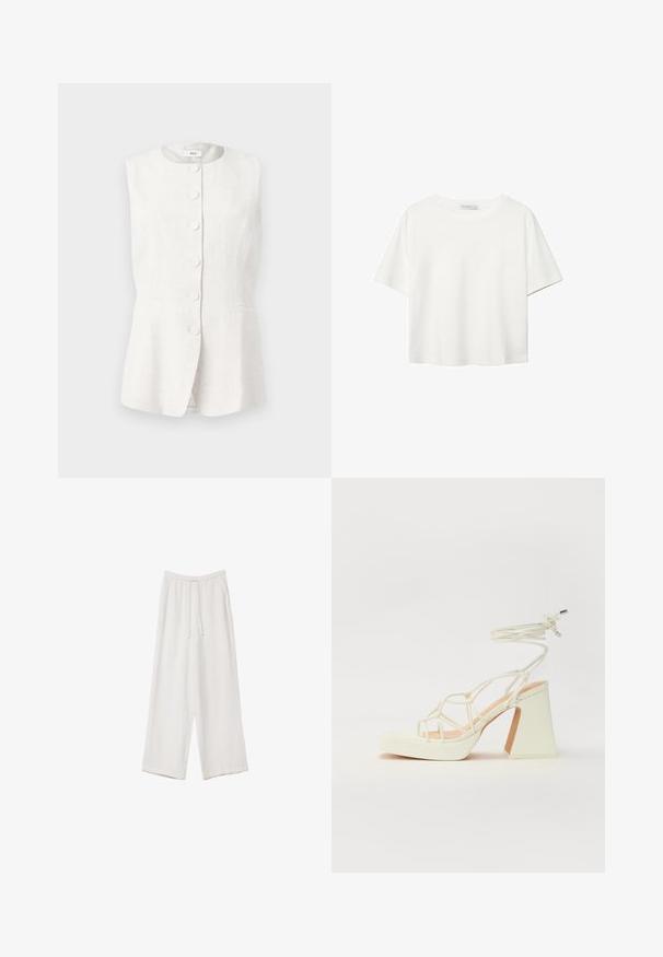 Gilet senza maniche in lino leggero di colore bianco sporco, con scollo rotondo, chiusura frontale con cinque bottoni e due tasche laterali. Vestibilità sagomata con orlo svasato.; T-shirt bianco a maniche corte realizzato in cotone. Presenta un collo tondo e una vestibilità rilassata. Texture liscia senza motivi o dettagli visibili.; Pantaloni a gamba larga bianchi realizzati in un tessuto leggero. Presentano una vita elastica con cordoncino e tasche laterali. Texture liscia.; Sandalo bianco con tacco alto, caratterizzato da un design a cinturini e un legaccio alla caviglia. Texture liscia con una piattaforma frontale per un'altezza aggiuntiva.