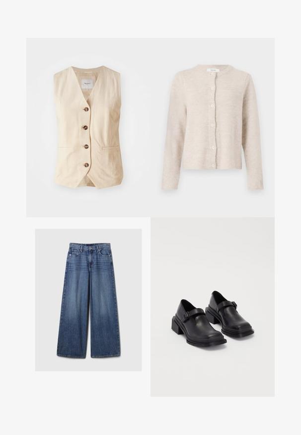 Colete de linho bege com decote em V, cinco botões frontais e dois bolsos laterais. Apresenta um design limpo e ajustado com uma textura suave.; Cardigã bege feito de um material de malha suave, apresentando um decote redondo, mangas longas e seis botões na frente. Design clássico e simples.; Top crop em material de malha off-white. Mangas longas com textura canelada e pequenos recortes à volta do decote.; Calças de ganga azul de perna larga com um acabamento desbotado, apresentando um fecho de botão e zipper, cinco bolsos e passantes para cinto.; Sapatos de couro pretos com um bico redondo, sola plana e uma fita com detalhe de fivela. Salto bloco robusto para maior estabilidade.