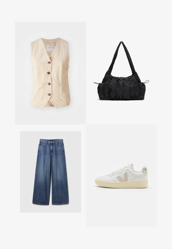 Bežinė lininė liemenė su V formos iškirpte, penkiomis priekinėmis mygtukais ir dviem šoniniais kišenėmis. Yra švaraus, pritaikyto dizaino su glotnia tekstūra.; Balti aukštosios iš off-white mezginio medžiagos. Ilgos rankovės su raukšlėta tekstūra ir mažais išpjovimų detalėmis aplink apykaklę.; Platus mėlynos džinsinės kelnės su išblukusiu paviršiumi, su mygtukų ir užtrauktuko uždarymu, penkiomis kišenėmis ir diržo kilpomis.; Balti odiniai sportbačiai su kreminiais zomšos akcentais, perforuota pirštų dalimi, plokščiomis raišteliais ir struktūruota kreminėmis padomis. Ant kulno yra subtilus ženklinimas.; Juodas audinio rankinukas su suraizgytu tekstūru, dviem petinėmis rankenomis ir raišteliu šonuose. Sklandus, lengvas audinys.