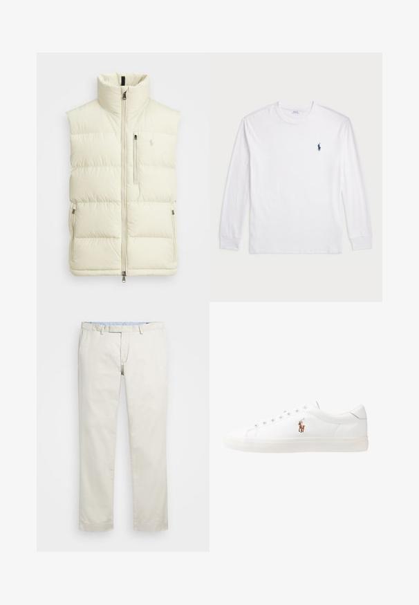 Light cream puffer vest with high collar. Features a front zipper, horizontal quilted design, and a chest pocket with zipper.; White long-sleeve T-shirt made of cotton. Features a round neckline, ribbed cuffs, and a small navy blue polo logo on the left chest.; Beige cotton chinos with a flat front, belt loops, and side pockets. Straight-leg design with a smooth texture and a light, breathable feel.; White leather sneakers, low-top design, featuring a smooth texture, round toe, laced front, and a small embroidered logo on the side.