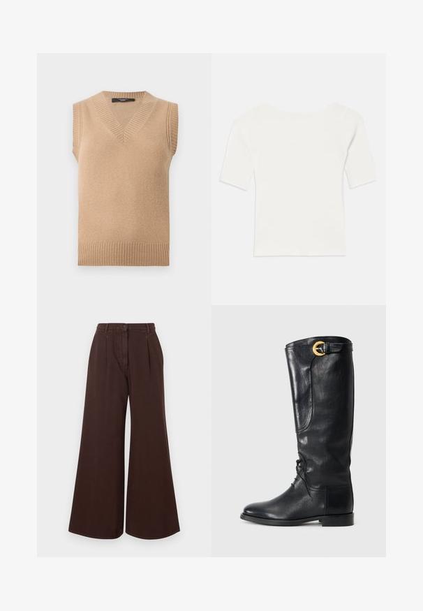 Beige gebreide mouwloze trui-vest met V-hals en geribbelde randen bij de halslijn, armuitsnijdingen en zoom, afgebeeld op een witte achtergrond.; Witte ribben top met korte mouwen en een brede hals. De textuur heeft verticale strepen, die een snug fit en eenvoudig ontwerp benadrukken.; Hoge taille, wijde bruine broek met knoop- en ritssluiting, riemlussen en voorplooien.; Zwarte leren kniehoge laars met een ronde neus, vetersluiting aan de voorkant, zijdetail en een gouden accent gesp aan de bovenkant. Eersteklas afwerking.