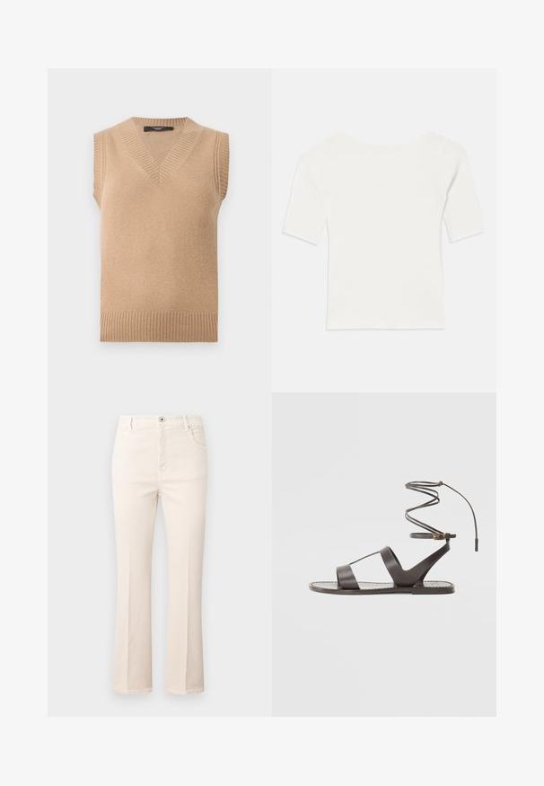 Gilet sans manches beige en maille avec encolure en V et bords côtelés à l'encolure, aux emmanchures et à l'ourlet, présenté sur un fond blanc.; Haut blanc à col large et à manches courtes avec une texture côtelée. Les rayures verticales mettent en valeur une coupe ajustée et un design simple.; Jean beige évasé en coton, avec taille haute, cinq poches, fermeture à bouton et détails de couture subtils.; Sandale en cuir marron avec une semelle plate, affichant un design minimaliste, une sangle de cheville incurvée et plusieurs découpes pour la respirabilité.